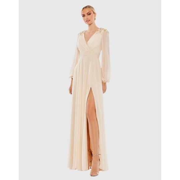 Mac Duggal 55694 Beige Embellished Shoulder Blouson Sleeve Gown Size 8